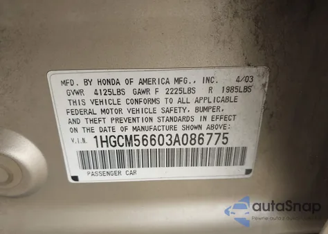 2003 Honda Accord 2.4 Ex z USA, uszkodzony, nr VIN 1HGCM56603A086775